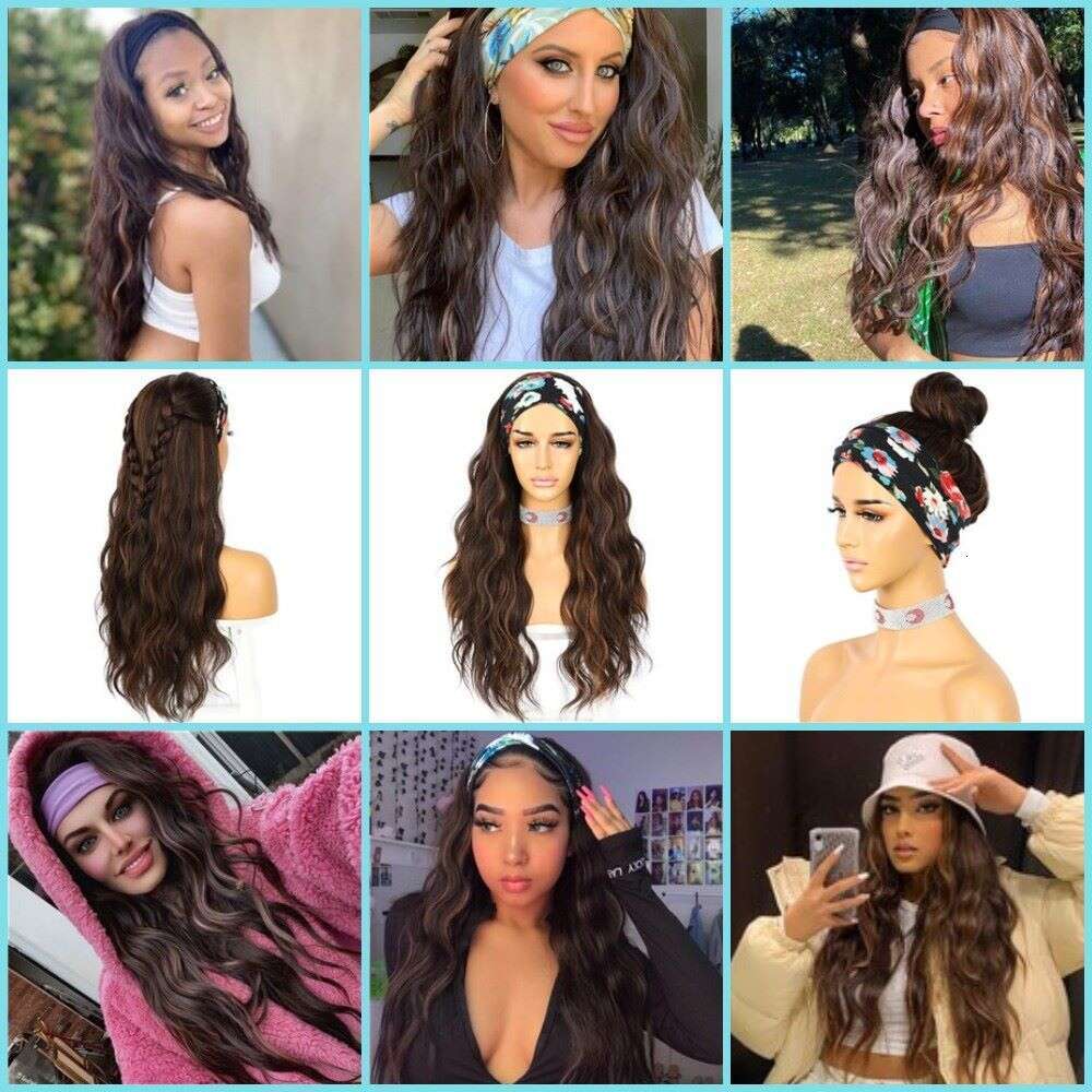 Synthetic Water Wave Jbrown Easywear Headband Scarf Wig For Women Daily Wedding Party Travel Holidays 2 Free Bands Gift