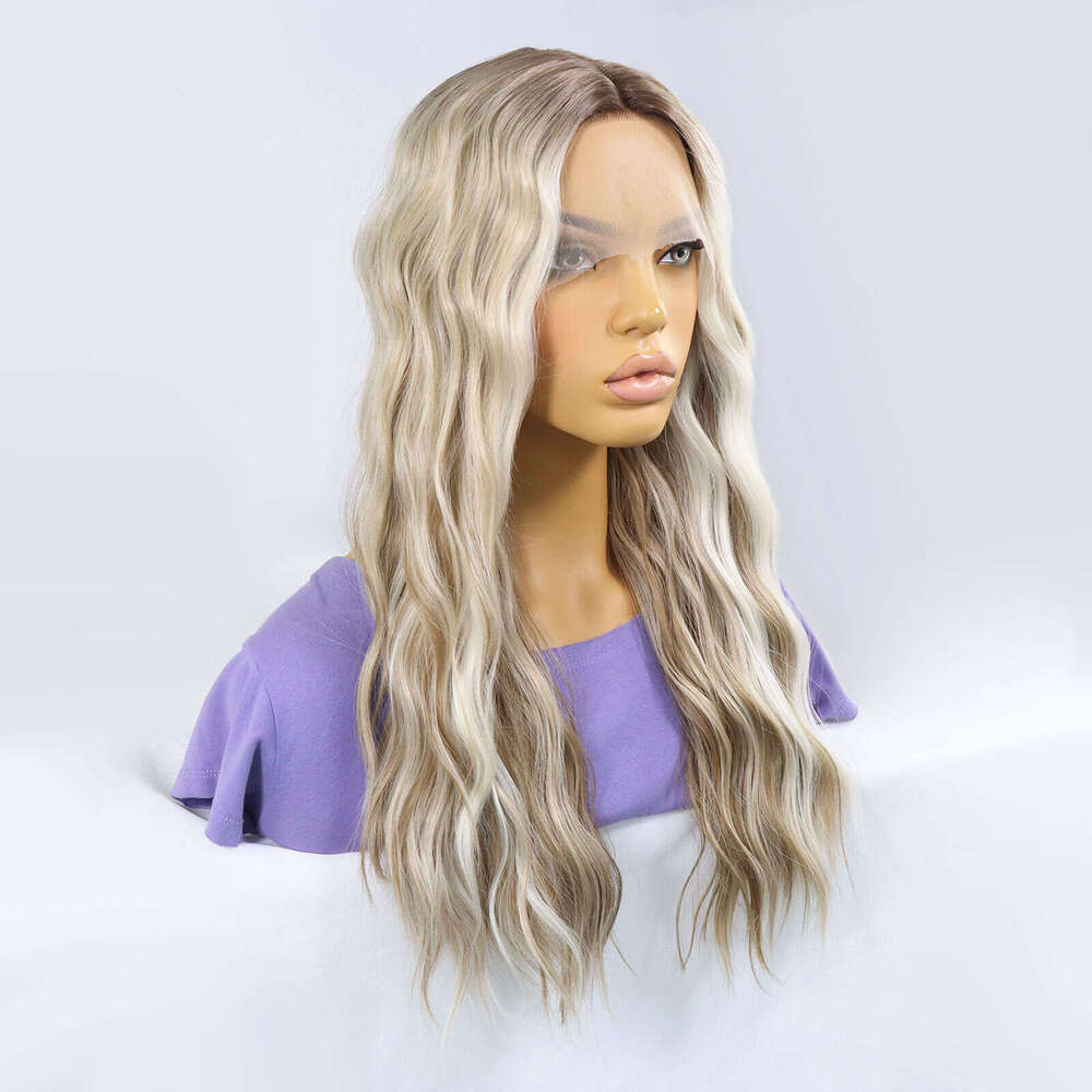 24Inch Ombre T Part Synthetic Lace Wigs For Women Dark Roots Deep Wave Ash Blonde Highlight Colored Wig Curly Hair