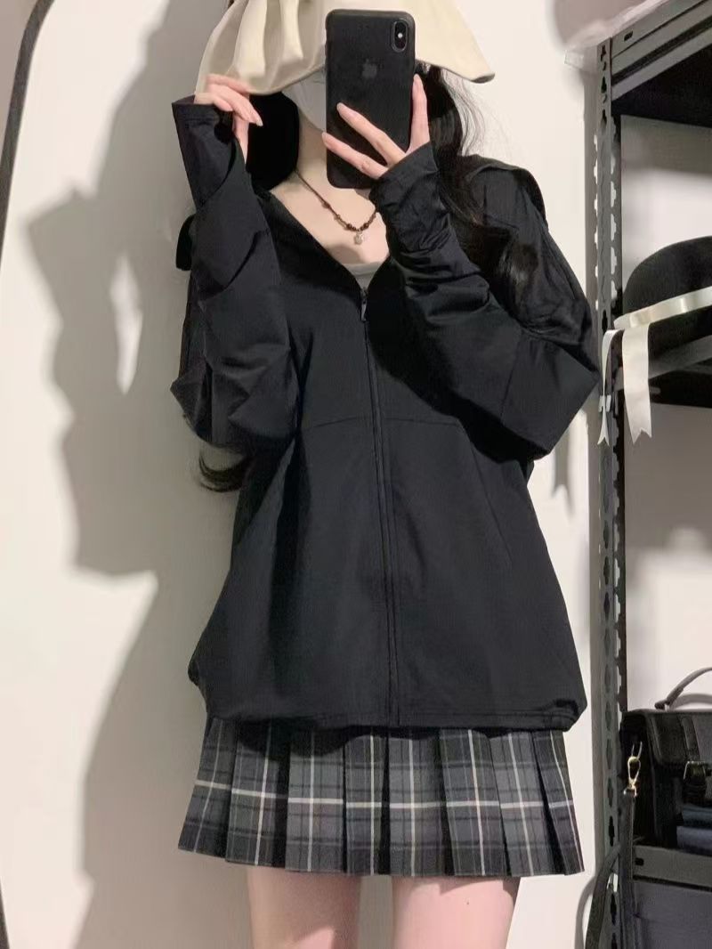 Summer ice silk sun protection clothing women wear thin breathable zipper long sleeve hooded coat loose.