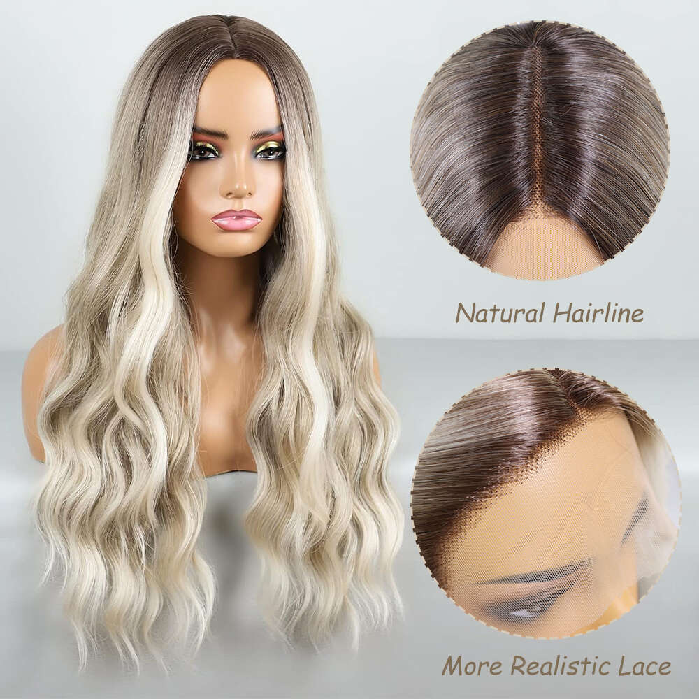 Ash Blonde Ombre Synthetic Front Wigs Highlight Natural Wave Glueless Lace For Women Daily Party Heat Resistant Wig