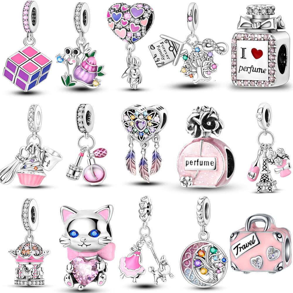 925 Hot Sale Sterling Silver Pink Series Charms Beads Fit Original Bracelet For Women Jewelry Making Gift