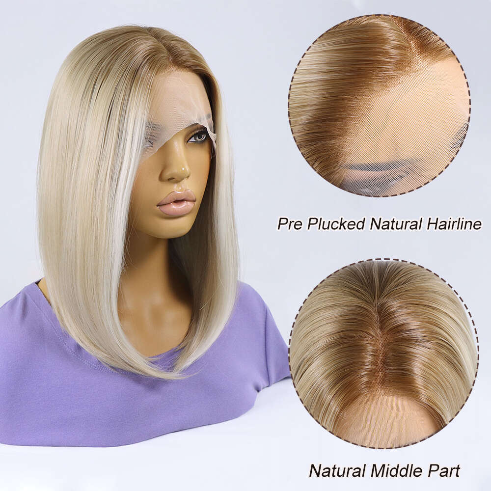 Highlight Blonde Synthetic Lace Front 12 Inch Short Bob Wigs Silky Straight Glueless Ombre Colored Frontal Wig For Women