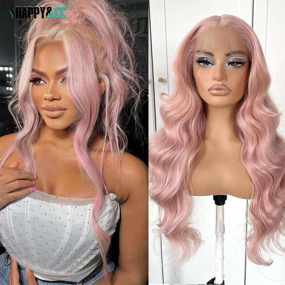 Rose Pink Synthetic Front Wigs 26 Inch Body Wave Colored Glueless Pre Plucked Party Lace Wig For Women Cosplay