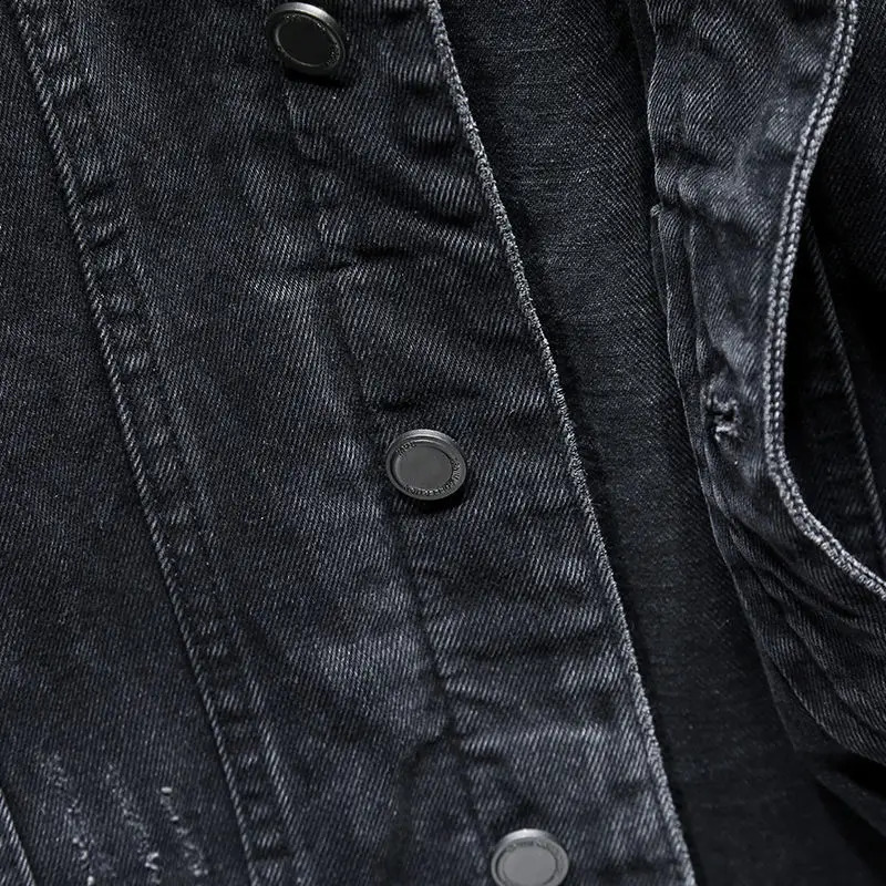 Black denim jacket mens spring 2023 hooded detachable loose fitting versatile casual top winter men 240905