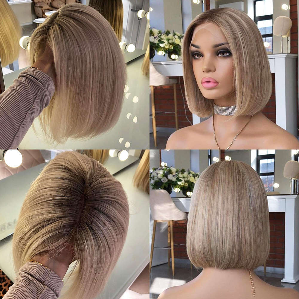Ash Short Bob Synthetic Lace Front Wigs Highlight Straight Colored Heat Resistant Dark Roots Blonde Wig For Women