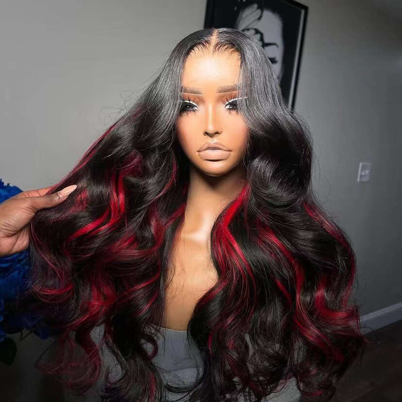 AIMEYA Black Long Wave With Red Highlights Synthetic Lace Front For Women Daily Use Cosplay Wig Heat Resistant Hair