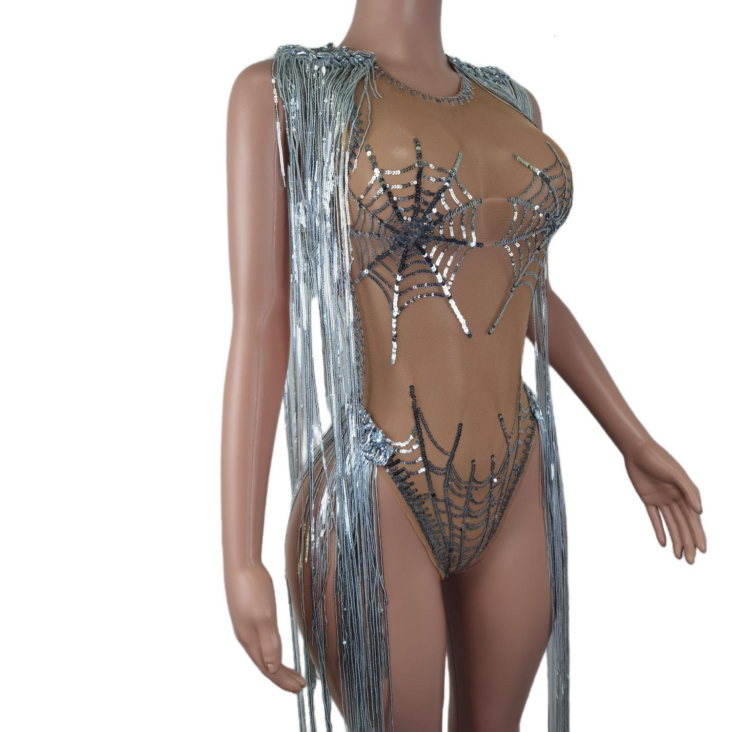 Sliver Spider Web Sequins Women Bodysuit Dance Performance Costumes Shining Tassel Sleeveless Romper Lady Sexy Fringes Jumpsuit
