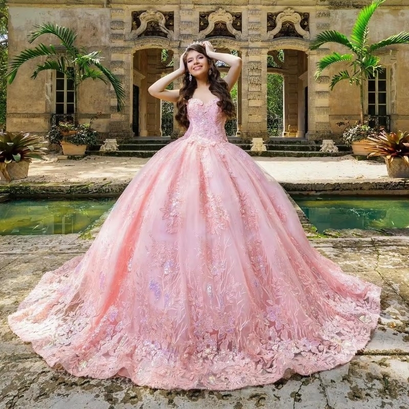 Pink Shiny Quinceanera Dresses Ball Gown Off Shoulder Sequins Applique Lace Beads Tull Mexico Corset Sweet 16 Dress Vestidos De 15 Anos