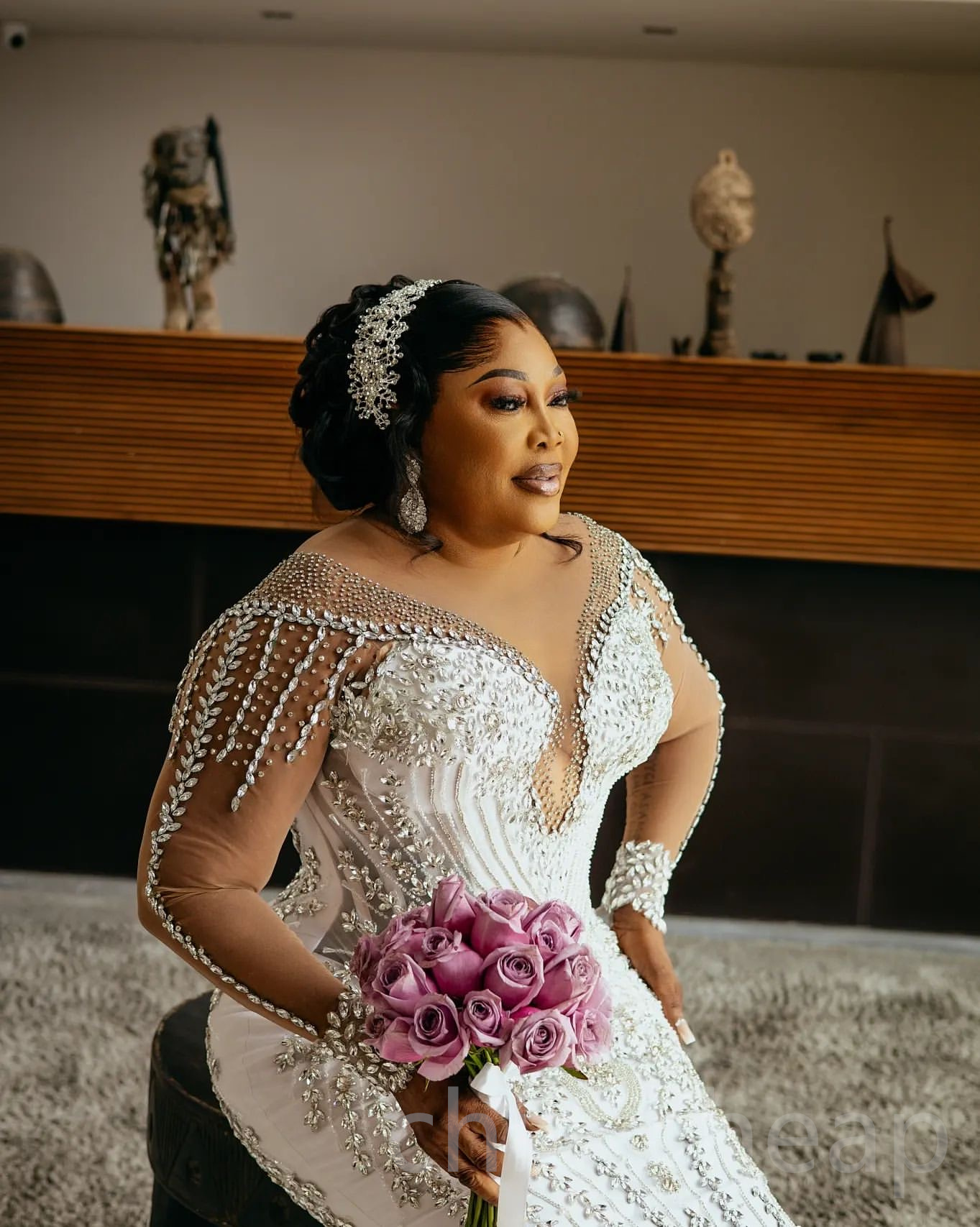 2024 Arabic Aso Ebi Plus Size Ivory Mermaid Wedding Dresses Luxurious Rhinestones Beaded Lace Full Sleeves Bridal Gowns Dress ZJ442
