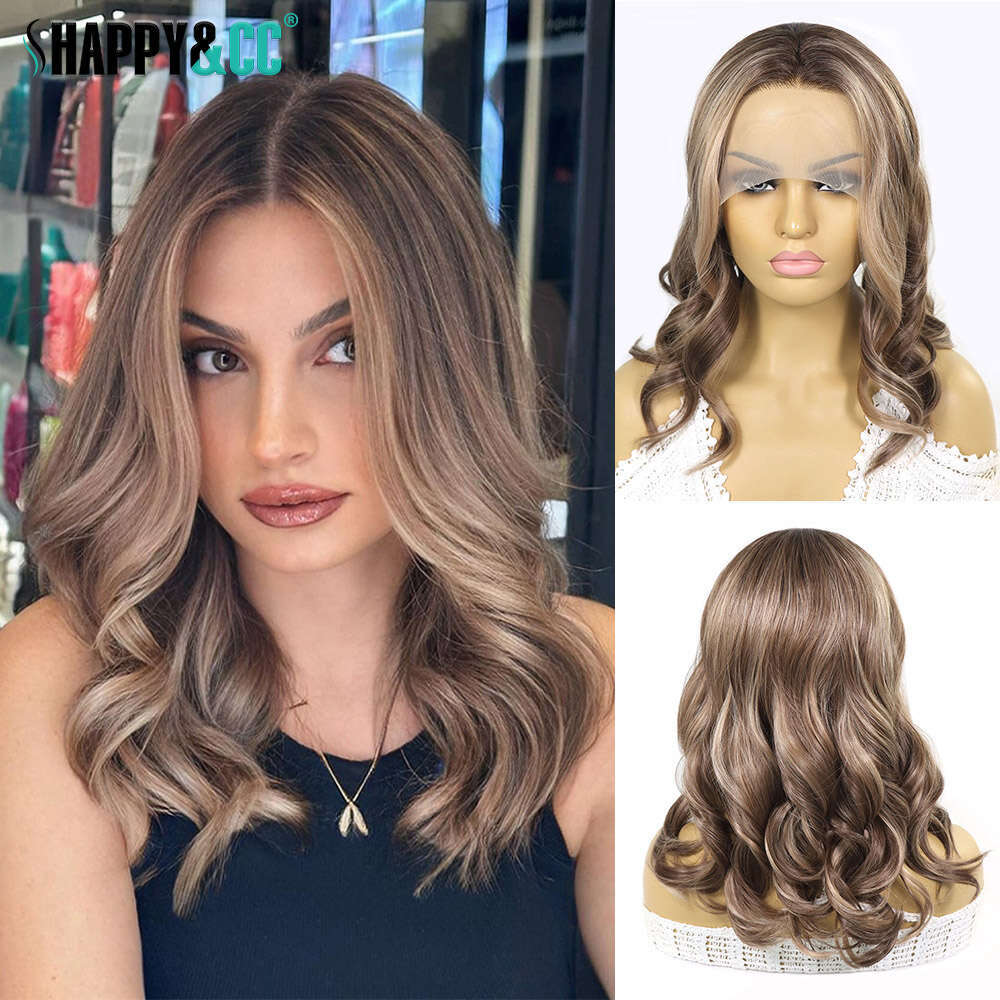 Brown Highlight Lace Front Bob Wigs Synthetic Short Wavy Colored For Women Heat Resistant Glueless Wig 16Inch Daily Use
