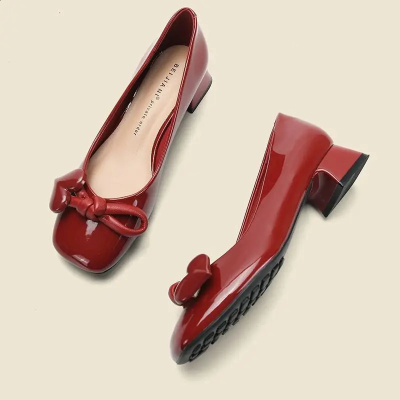 Red with Bow Kawaii Ladies Summer Footwear Square Heels Shoes for Women Medium Cute Korean Style High Quality Vacation Y2k 240904