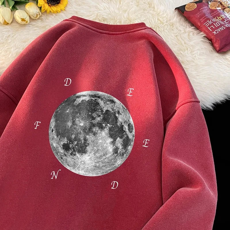 NXXTRESS Vintage batik Letter moon Print O-Neck Hoodies Casual Loose Hoodies Sweatshirts Long Sleeve Tops Streetwear Pullovers 240911