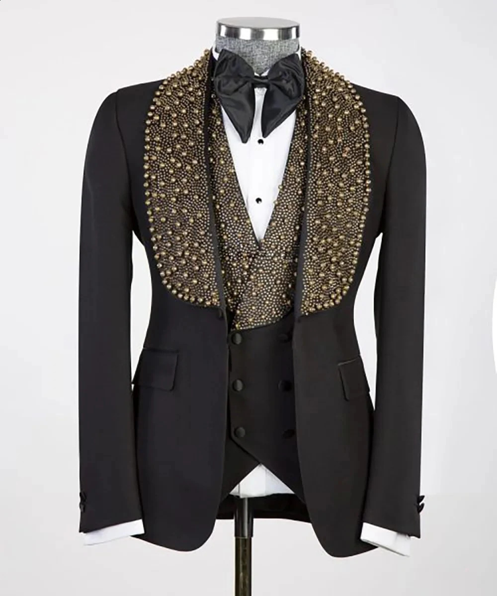 Jewelry Men Suits Ornament Tuxedos Shawl Lapel Male Prom 3 Pieces Wedding Groom Dinner Party Blazer Pants Complete 240914