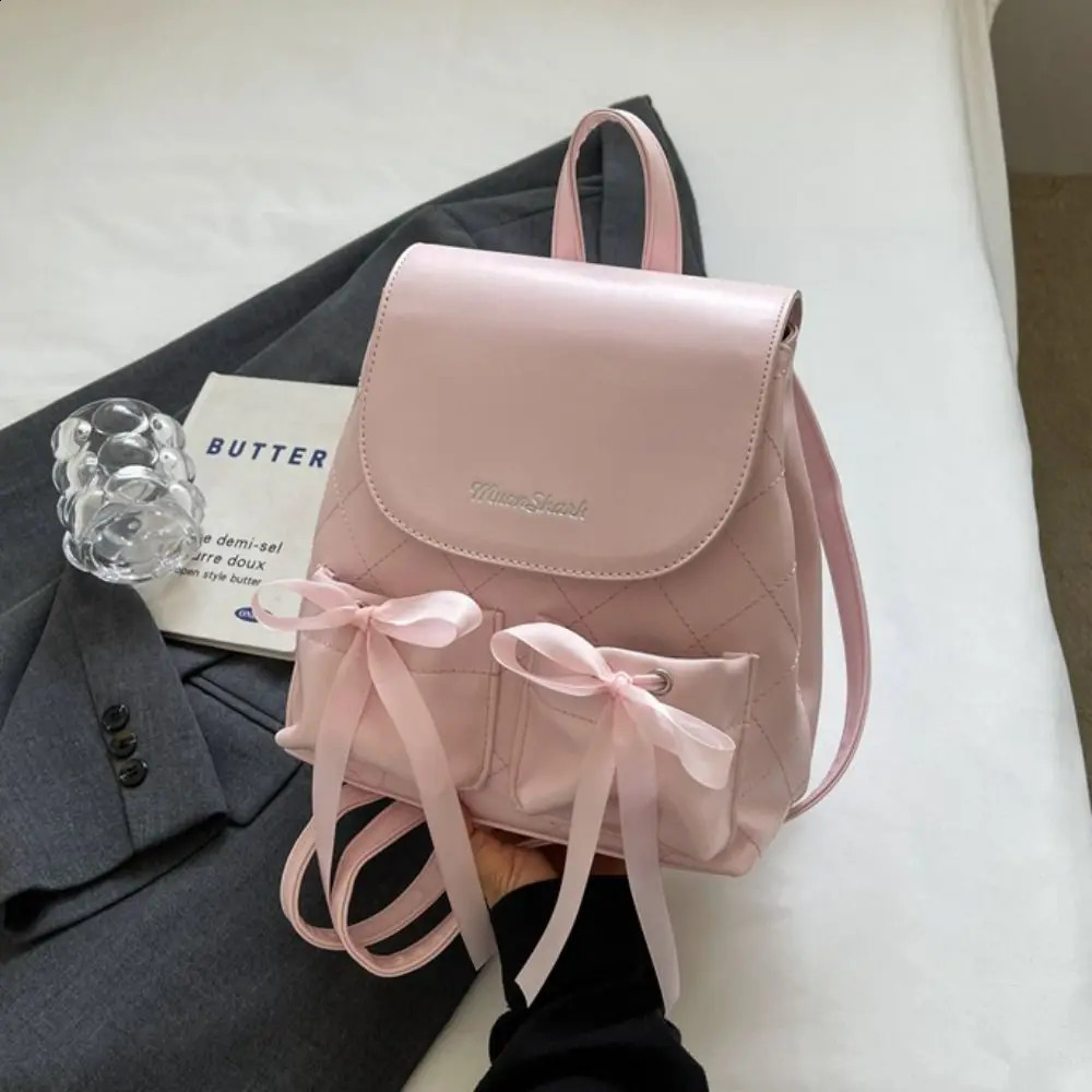 Korean style bow backpack ballet style double bow nylon handle Knapsack large capacity solid color Y2k school travel bag 240912