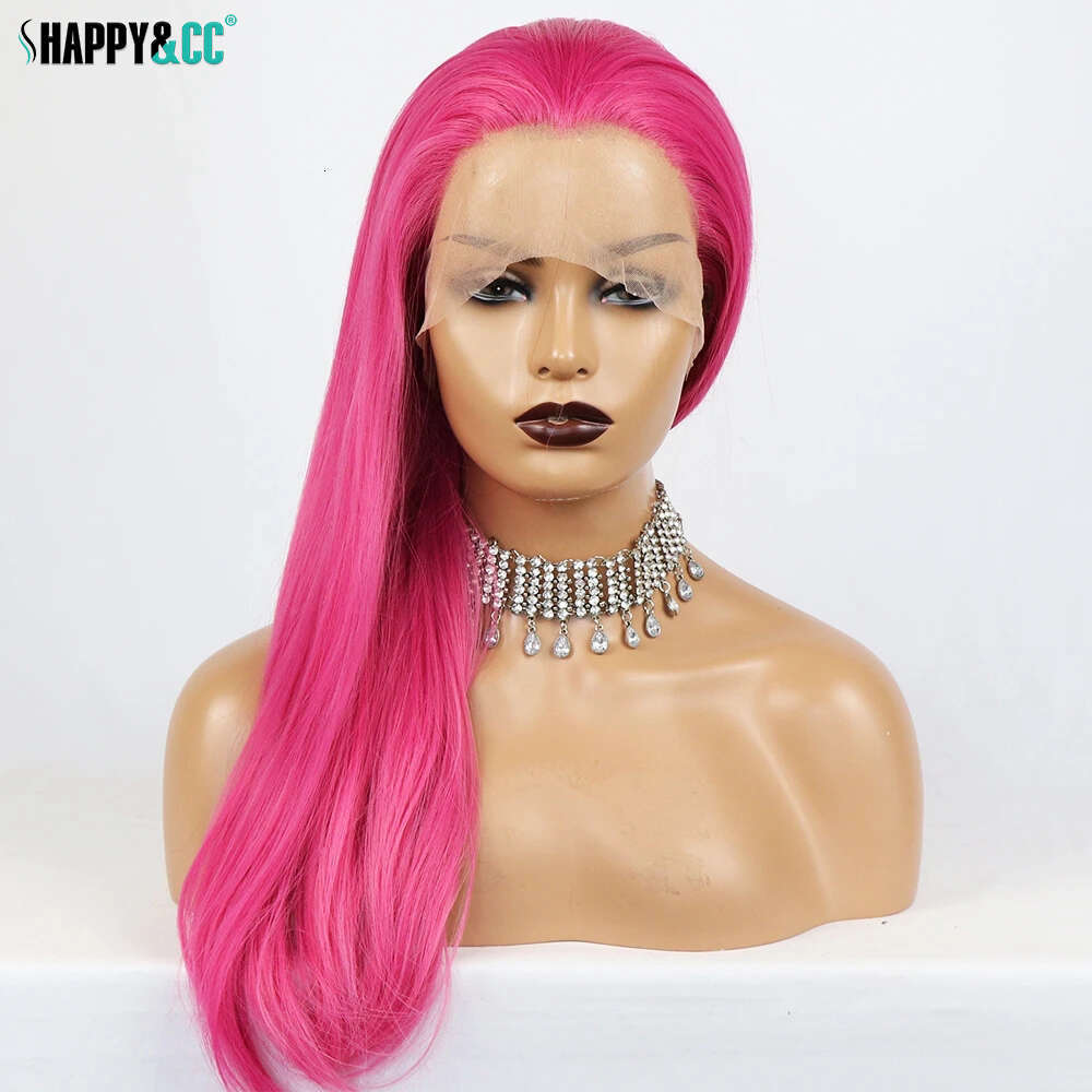 Hot Pink Lolita Cosplay Synthetic Front Natural Straight Hair Glueless Pre Plucked Color Lace Frontal Wigs For Women