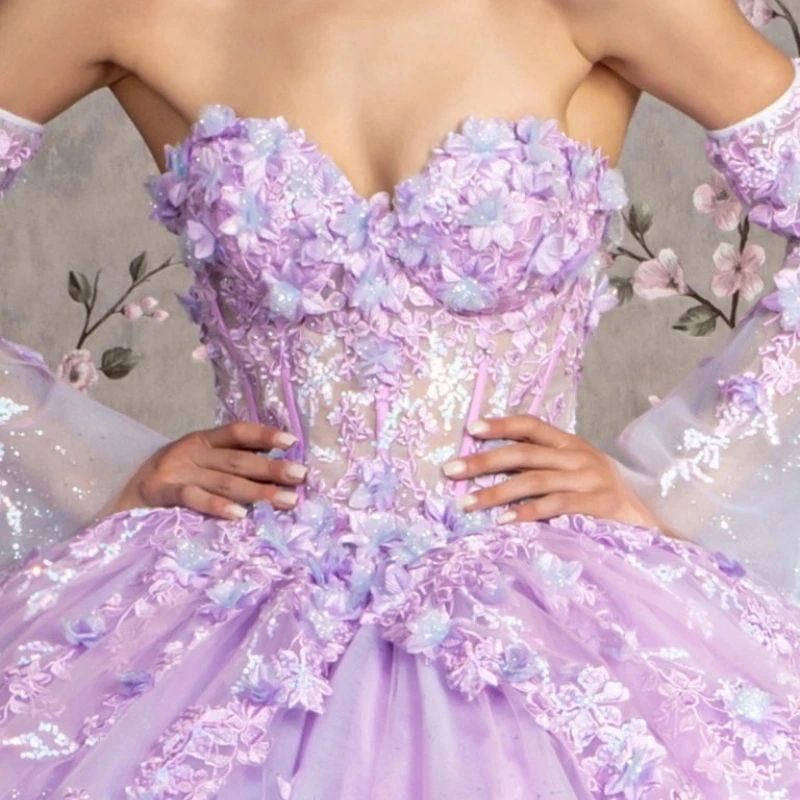 Lilac Princess Quinceanera Dresses 3D Floral Ball Gown Off The Shoulder Sequin Applique Lace Tull Corset 15 Vestidos De XV Anos