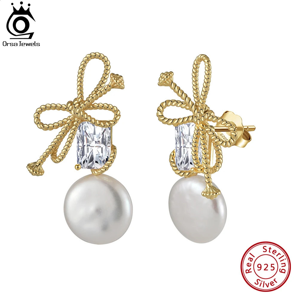 ORSA JEWELS 14K Gold Genuine 925 Sterling Silver Dangle Pearl Earrings with 5A CZ Cultured Freashwater Pearl for Women GPE84 240914