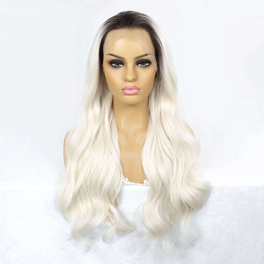 Platinum Body Wavy Lace Front Wigs Long Ash Blonde Synthetic Hair For Women Dark Roots Heat Resistant Colored Wig