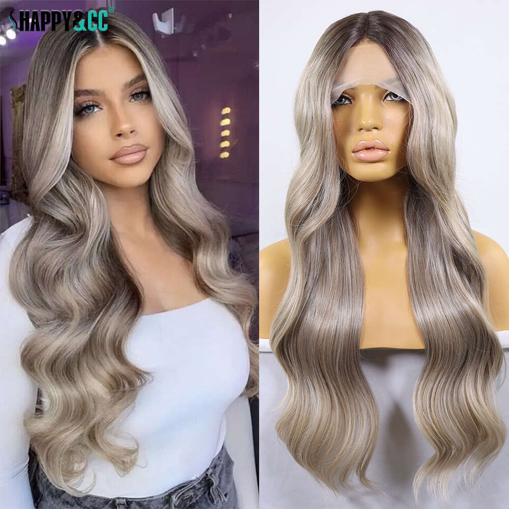 Ash Brown Synthetic Lace Front Wigs Highlight Body Wave Dark Roots Colored For Women Pre Plucked Ombre Blonde Glueless Wig