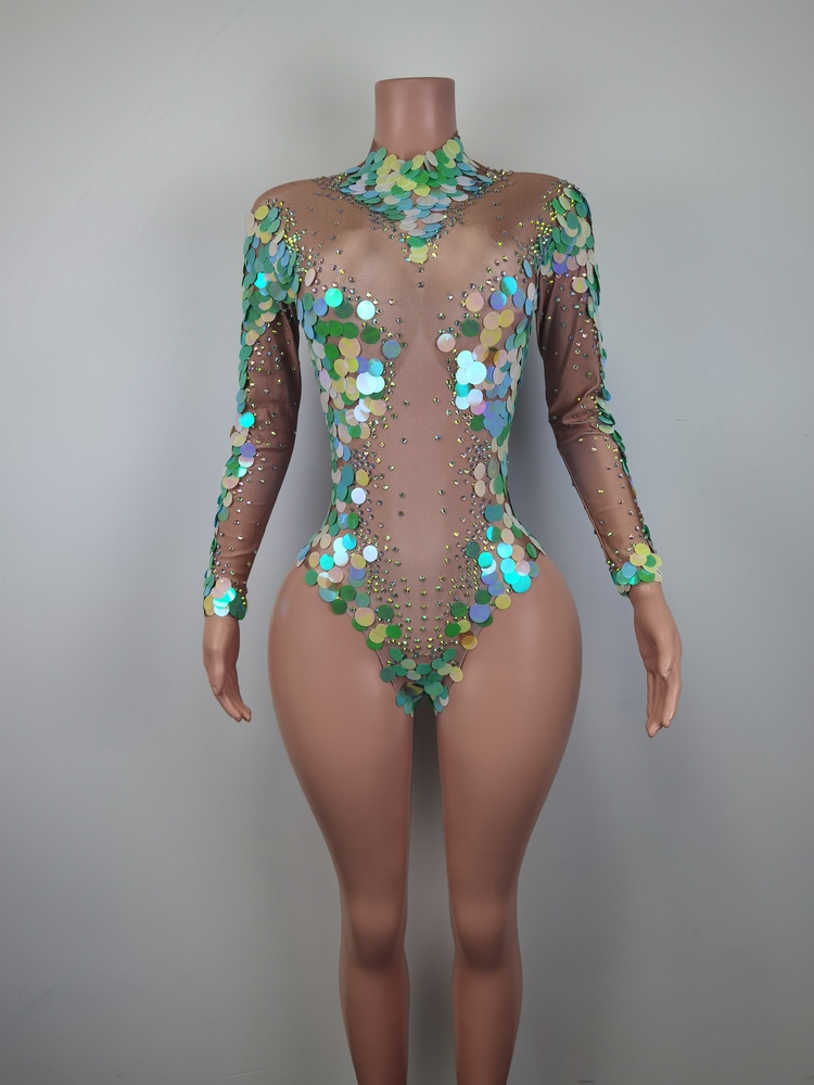 Multicolor Sequin Latest Jumpsuit For Ladies Jazz Dance Show Clothing Party Sexy Rompers Women Mesh Rhie Bodycon Jumpsuits