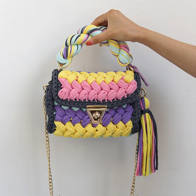 Fashion colored crochet womens handbag with tassel and thick rope shoulder cross body bag knitted small flip cover wallet 240913