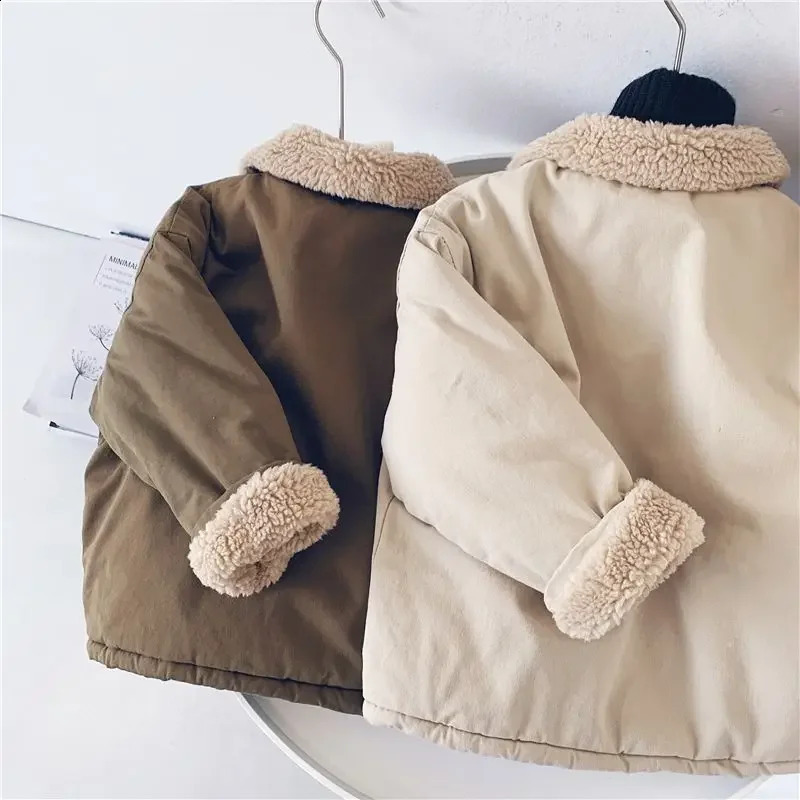 Boys Thickened Cotton Padded Jacket 2023 Winter Children Lamb Wool Warm Coat Korean Kids Girls Snowsuit Clothes 240905