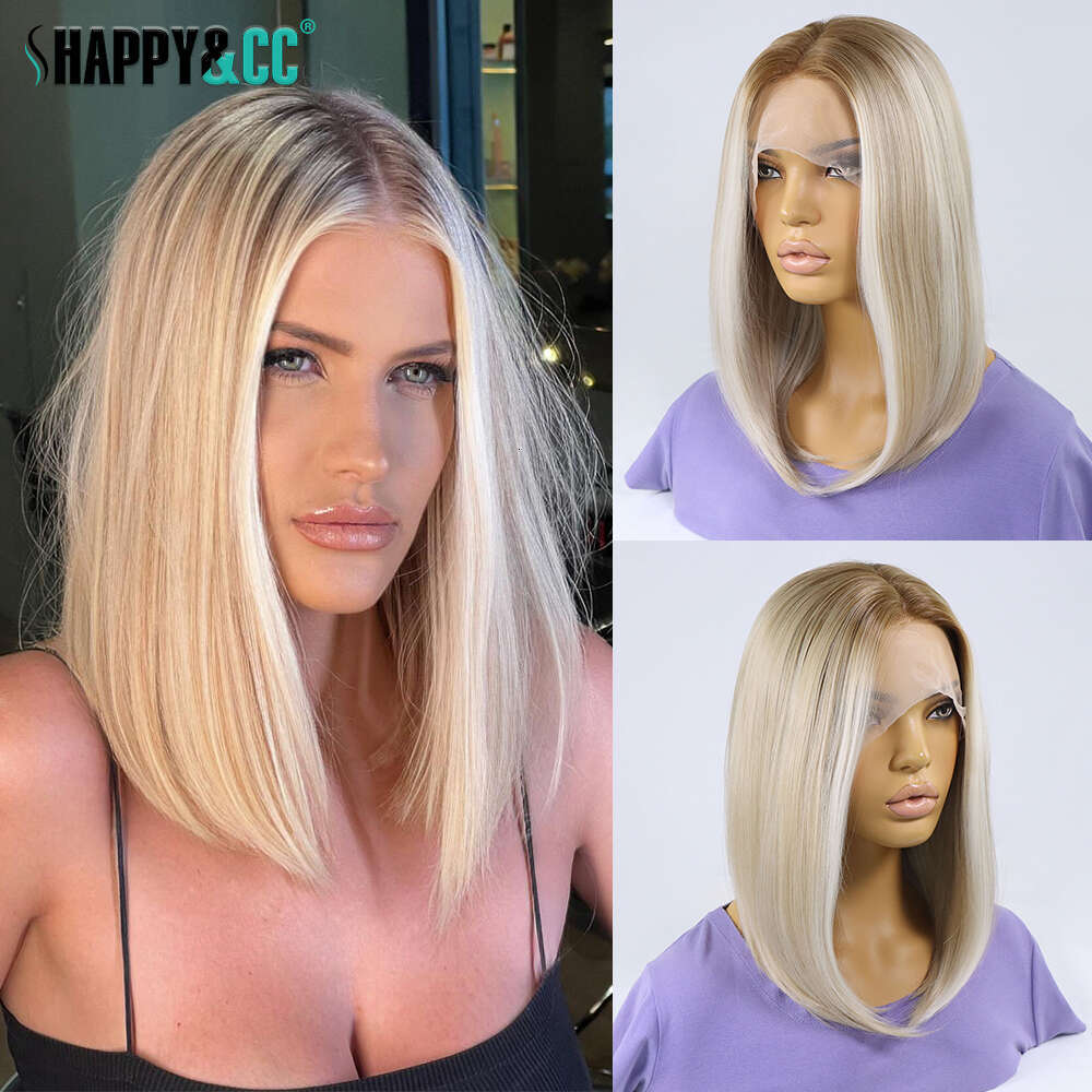 Highlight Blonde Synthetic Lace Front 12 Inch Short Bob Wigs Silky Straight Glueless Ombre Colored Frontal Wig For Women