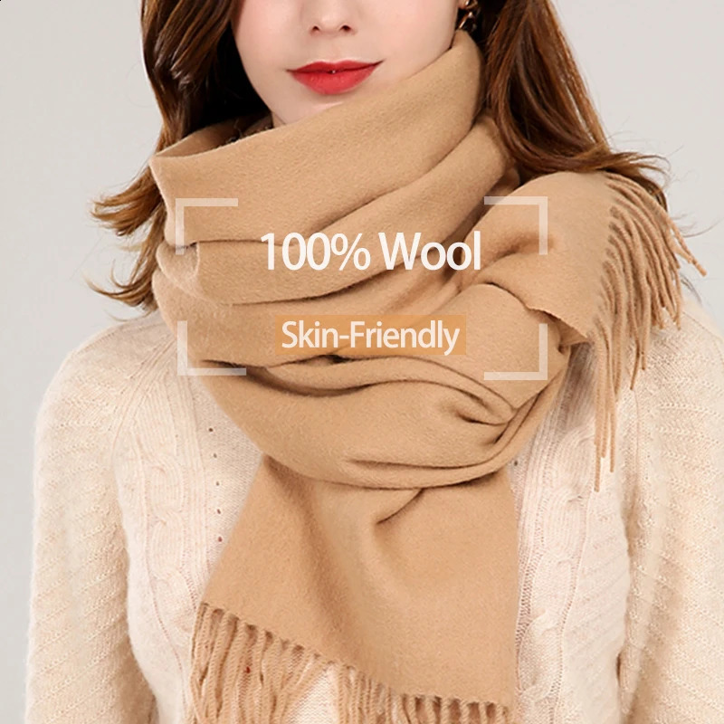 Winter 100% Real Wool Scarf Women Shawls Camel Cashmere Scarf Bufandas Solid Pashmina Thicken Warm Foulard Femme 240909
