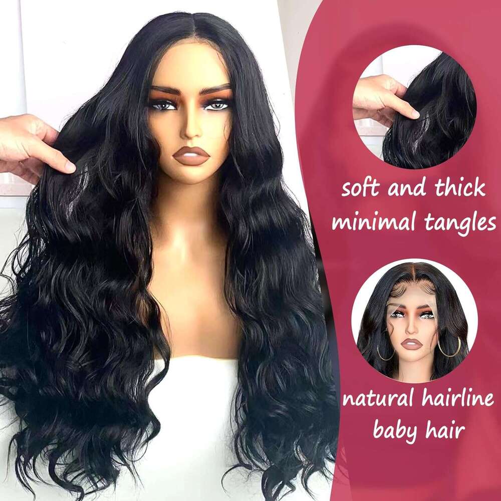 AIMEYA 13X6 Front With Baby Black Long Body Wave Lace Wig Heat Resistant Synthetic Hair Daily Use Natural Looking