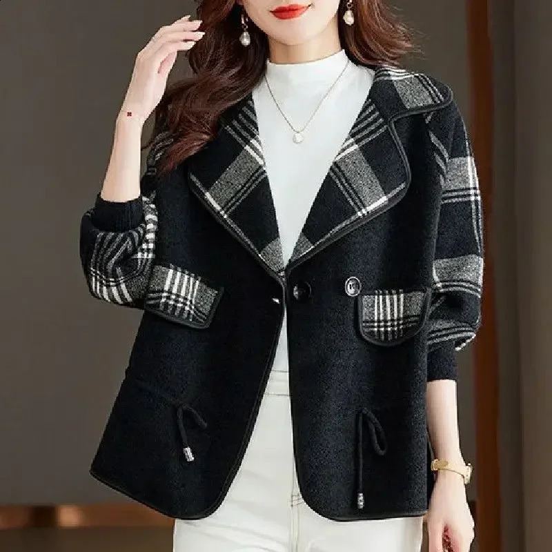 Colorblock Plaid Crop Clothes Coats for Women Loose Wool Blend Blazer Woman Check Short Tweed Outerwears Green Jacket Spring 240911