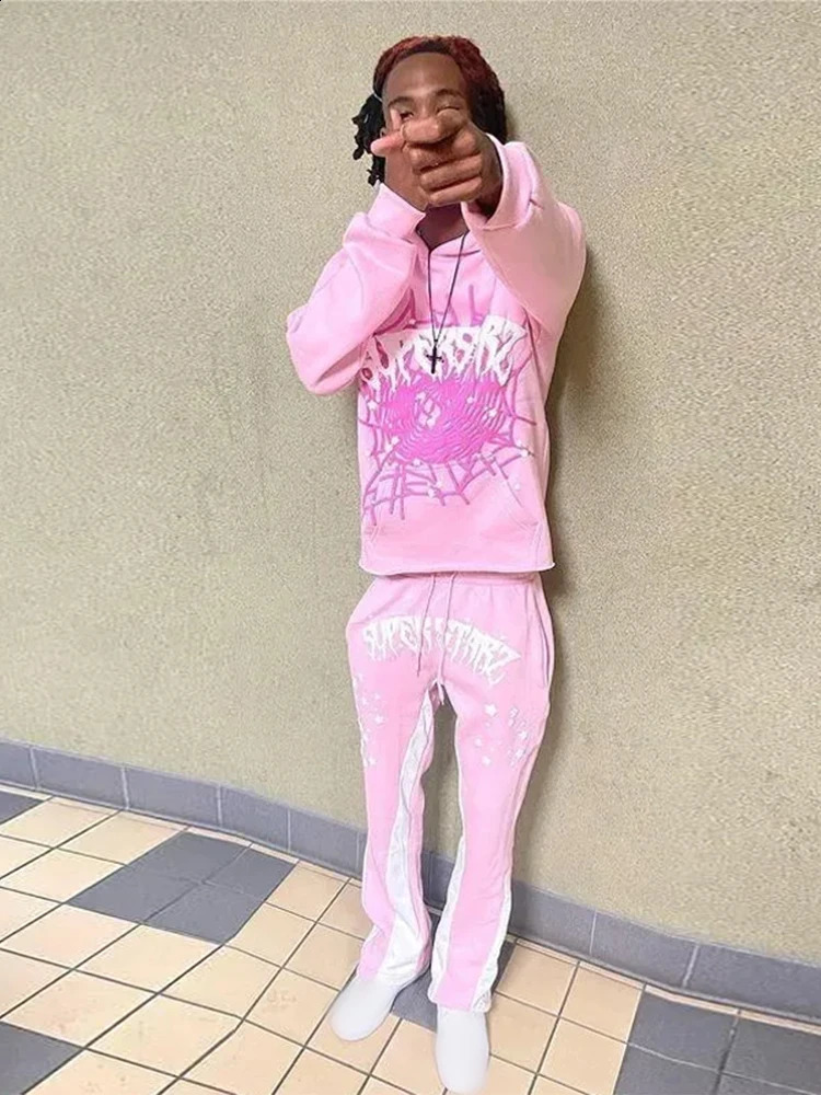 Y2k Spider Letter Printed Hoodie Straight Pants 2piece Set Mens Pull up Sports Shirt Trouser Tracksuits 240914