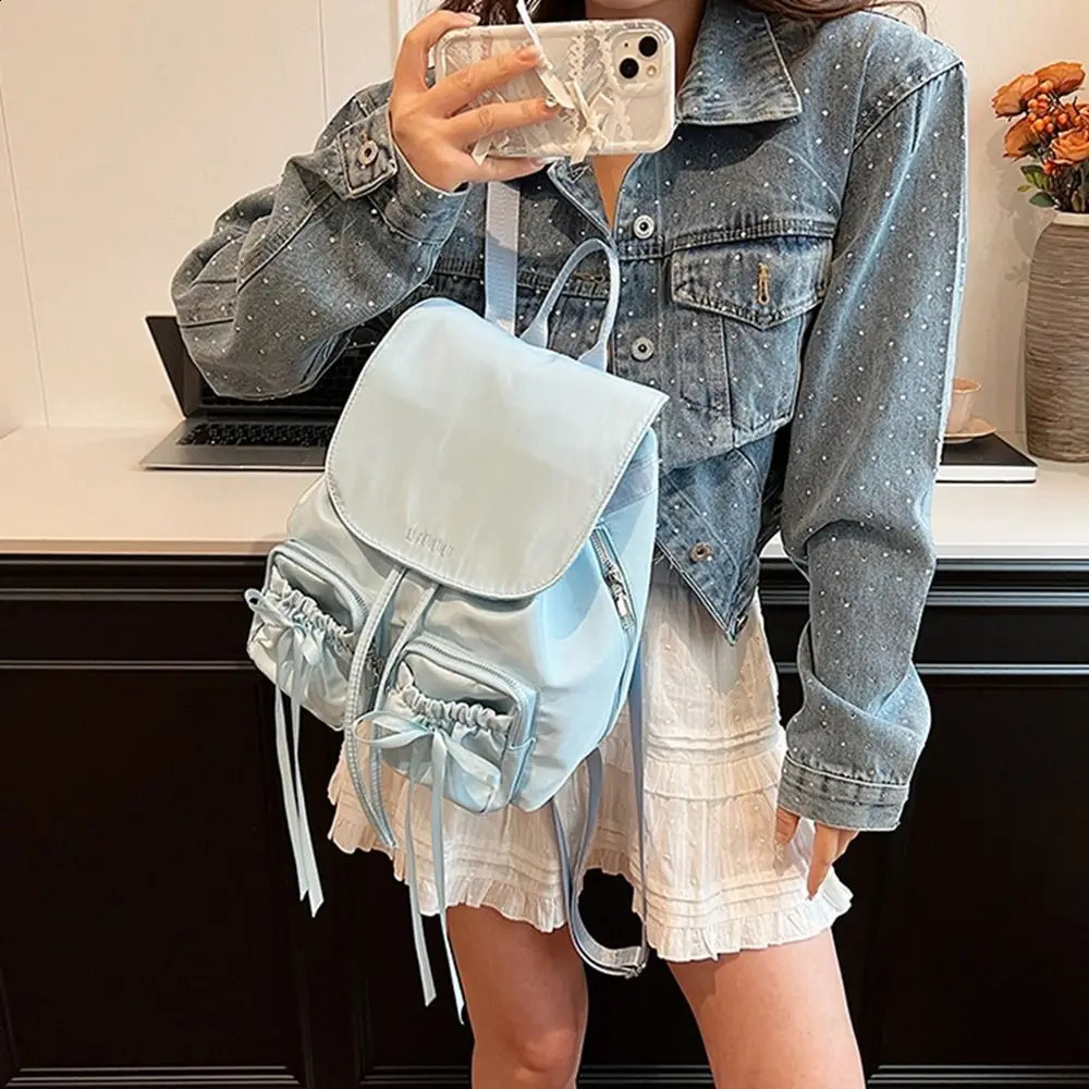 Leisure Korean drawstring backpack ballet style large capacity nylon bag solid color backpack butterfly shoulder bag 240912