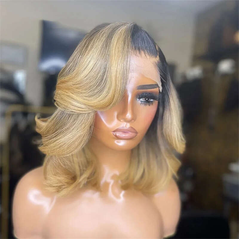 Ash Blonde Highlight Color Short Body Wave Bob Front Wigs For Women Long Synthetic Hair Dark Roots Lace Frontal Wig