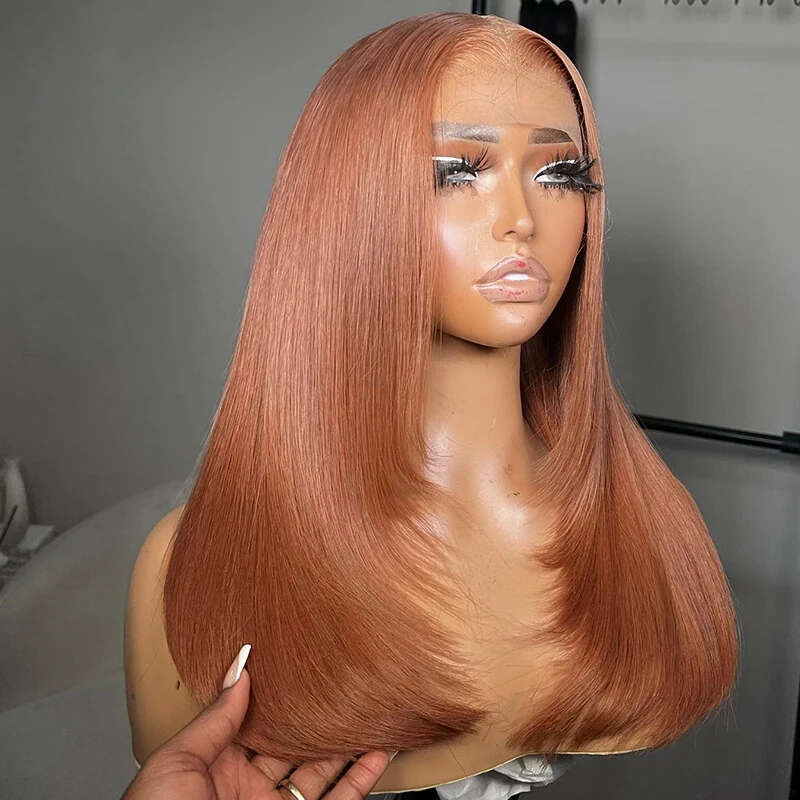 Ginger Brown Long Wavy Synthetic Front Wig Layered Glueless Frontal Orange Auburn Hair Lace Natural Wigs For Women