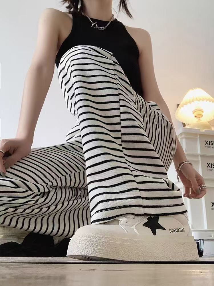 White striped wide-leg pants women's summer 2024 new high waist drape loose straight narrow version sports casual pants.