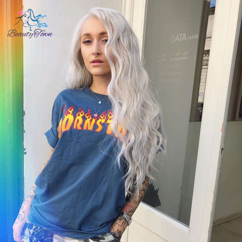Beautytown Sier White Grey Futura For Daily Makeup Cosplay Long Wave Layered Heat Resistant Synthetic Lace Front Wig