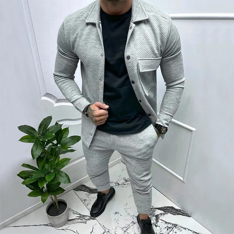 Autumn and winter heavyweight twill jacket set high-end and simple casual pants two-piece set mens solid color jacquard s 240909