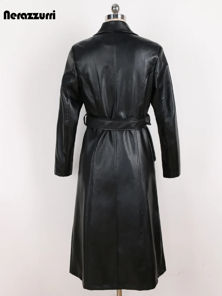 Sapphire Spring Autumn High Quality Elegant y Fitted Black Pu Leather Trench Coat Womens Double Chest 240906