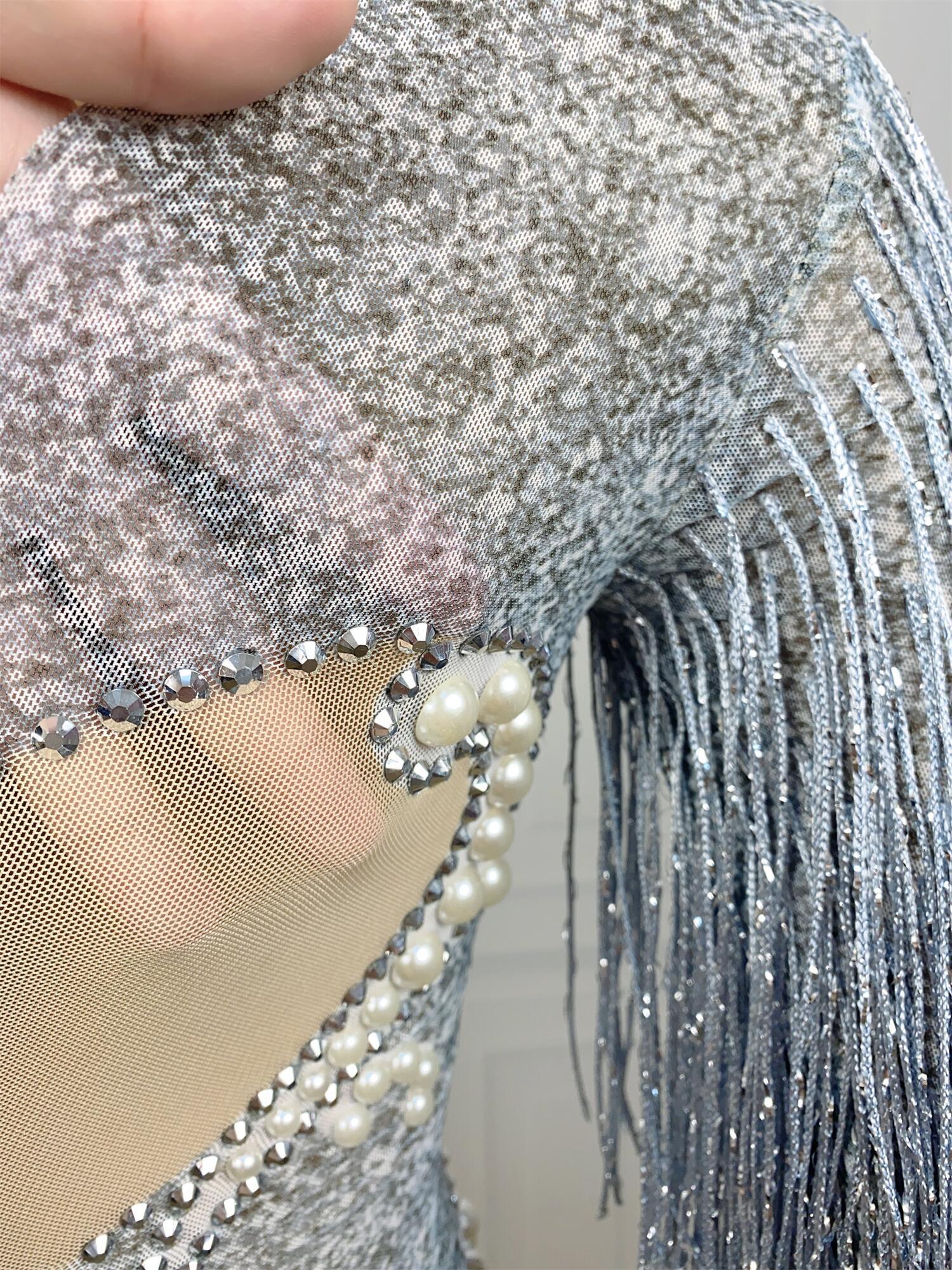 Sparkly Rhies Sexy Long Sleeves Tassel Pearls One Piece Short Jumpsuit Outfits Dancewear Women Stage Performance Bodysuit