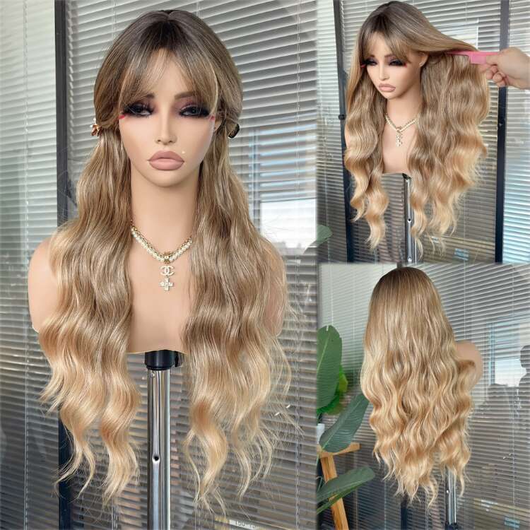 613 Synthetic None Lace Wave With Bangs For Women Blonde Color Full Hine Made Daily Use Cosplay Wig