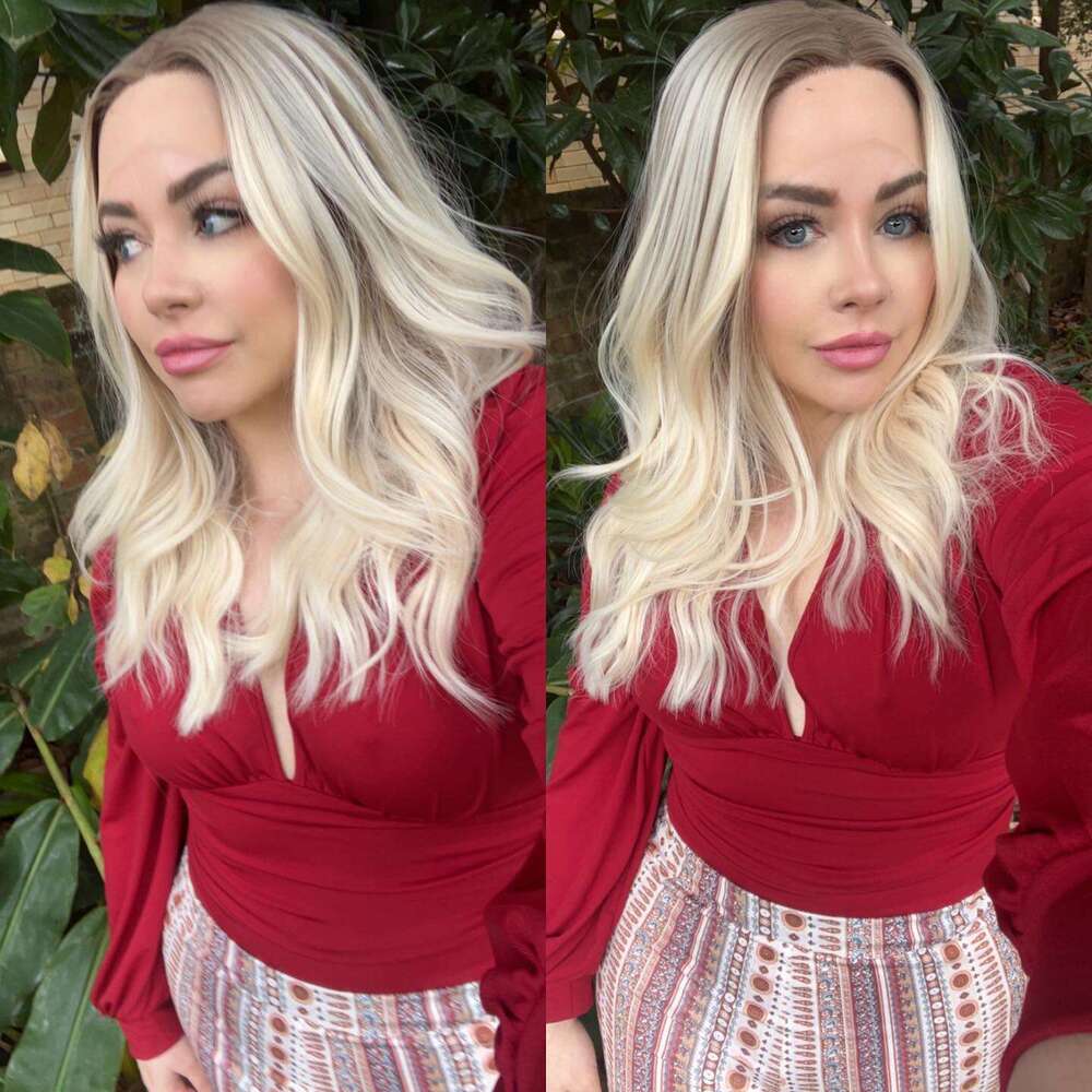 Premium Synthetic Hair Creamy Ombre Colored Wigs Ash Blonde Roots Lace Front Wig Heat Resistant Fiber Thick Wavy 150%