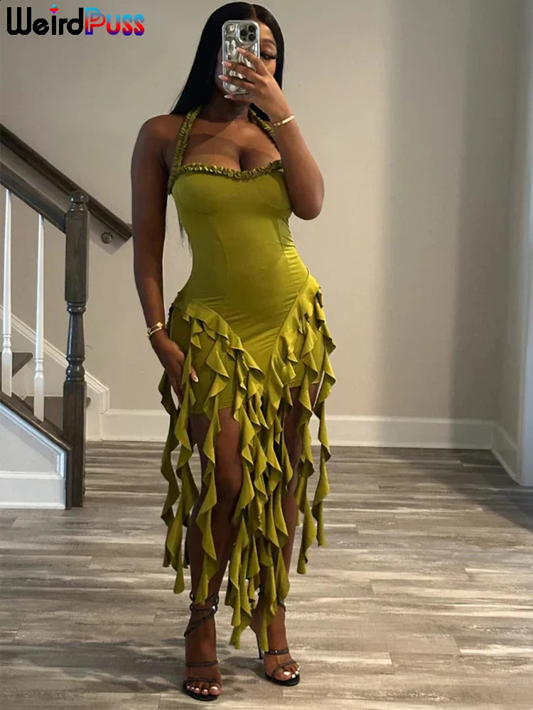 Strange cat fashion irregular tassel hem dress womens backless party summer sexy birthday split midnight club body 240913