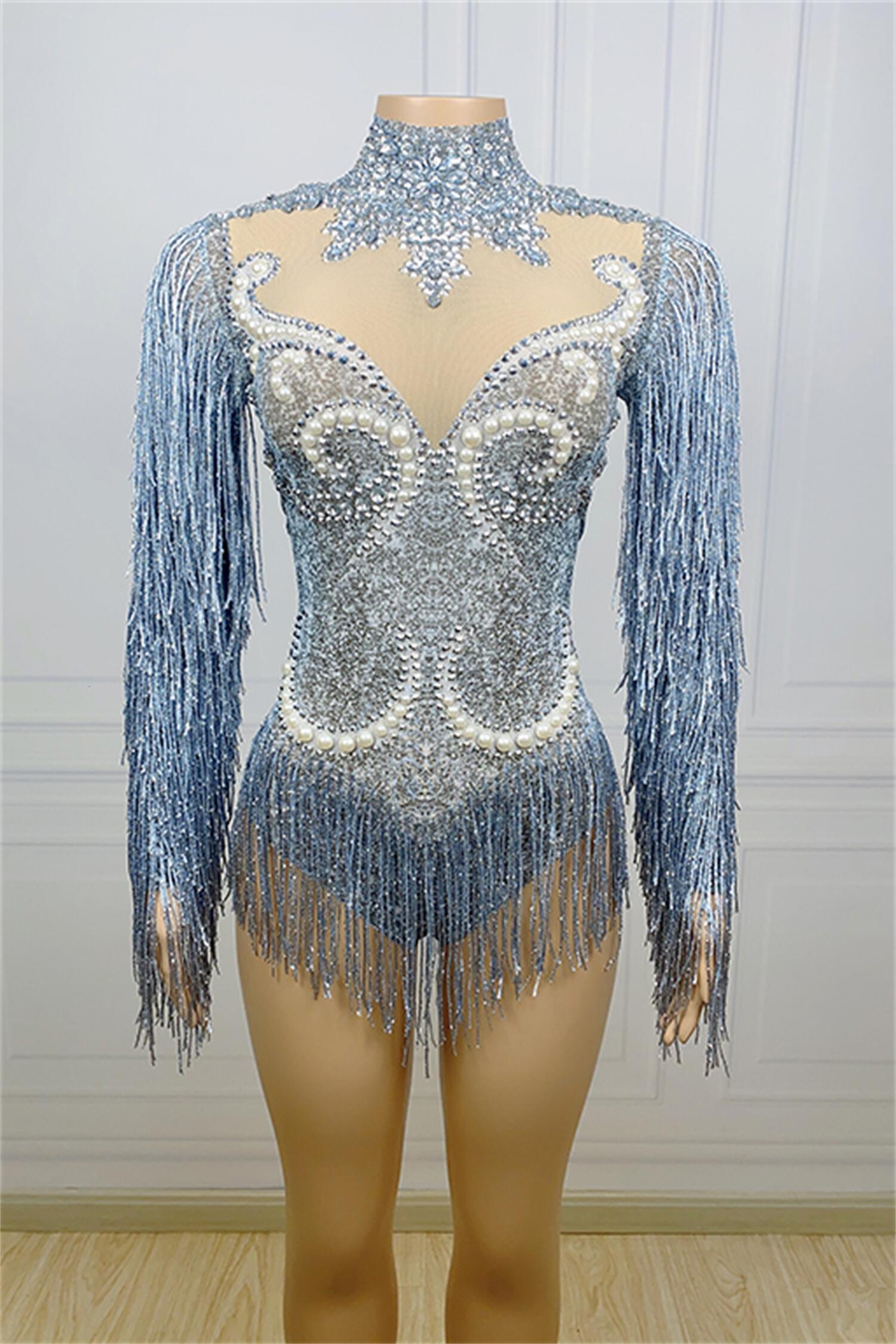 Sparkly Rhies Sexy Long Sleeves Tassel Pearls One Piece Short Jumpsuit Outfits Dancewear Women Stage Performance Bodysuit