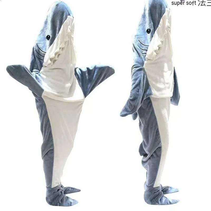 Hooded Flannel Shark One-Piece Pajamas Home Children Adult Men and Women Quirky Homewear Blanket 240910