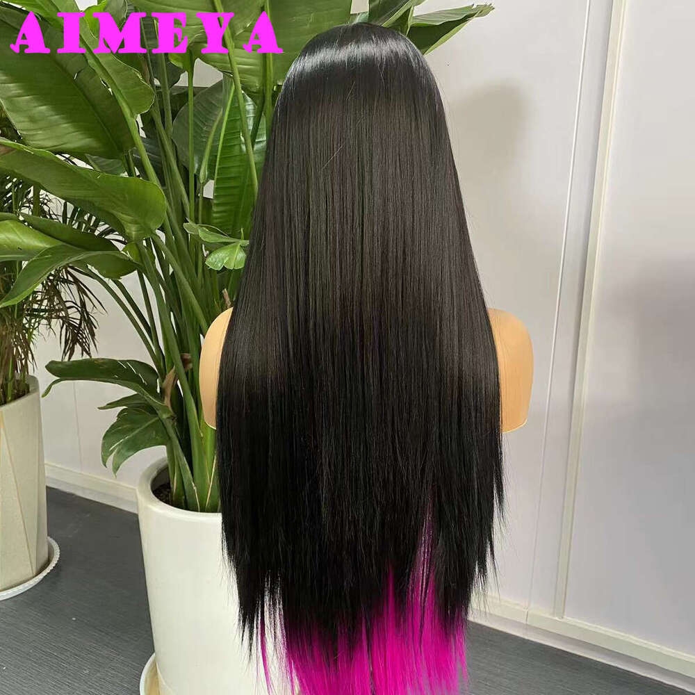 AIMEYA Black And Lace Front Wigs Highlighted Hot Pink Wig Long Silky Straight Synthetic Hair Body Wave