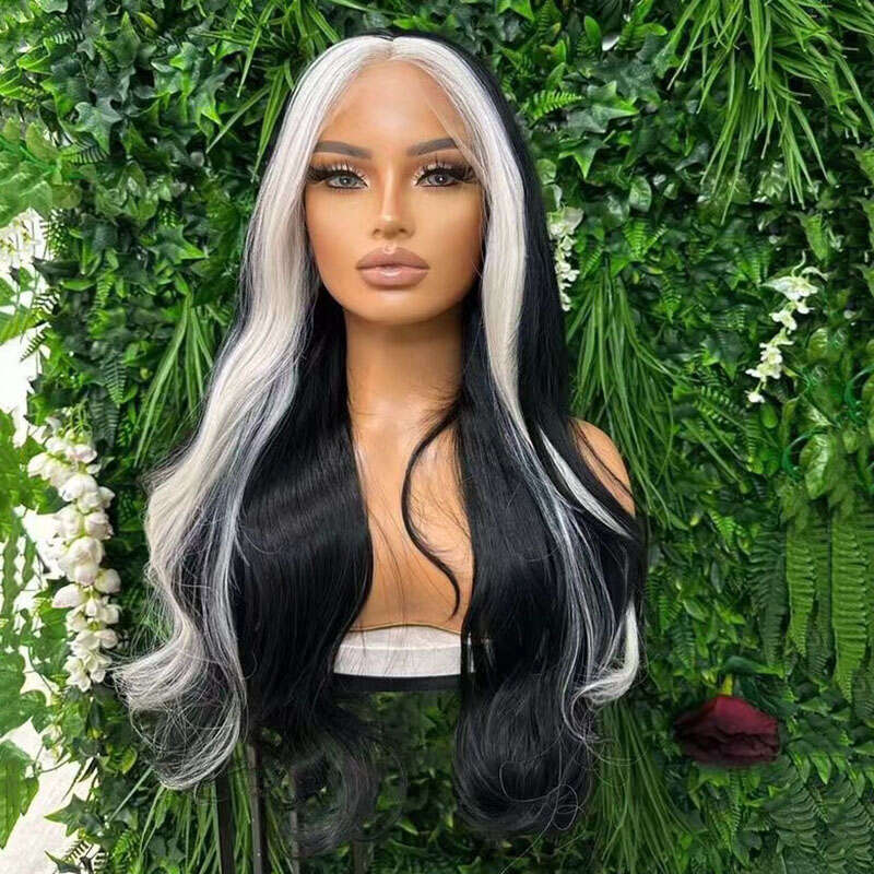 AIMEYA Black With White Highlights Long Body Wave Synthetic Lace Front Natural Haire Daily Use Halloween Cosplay Wig