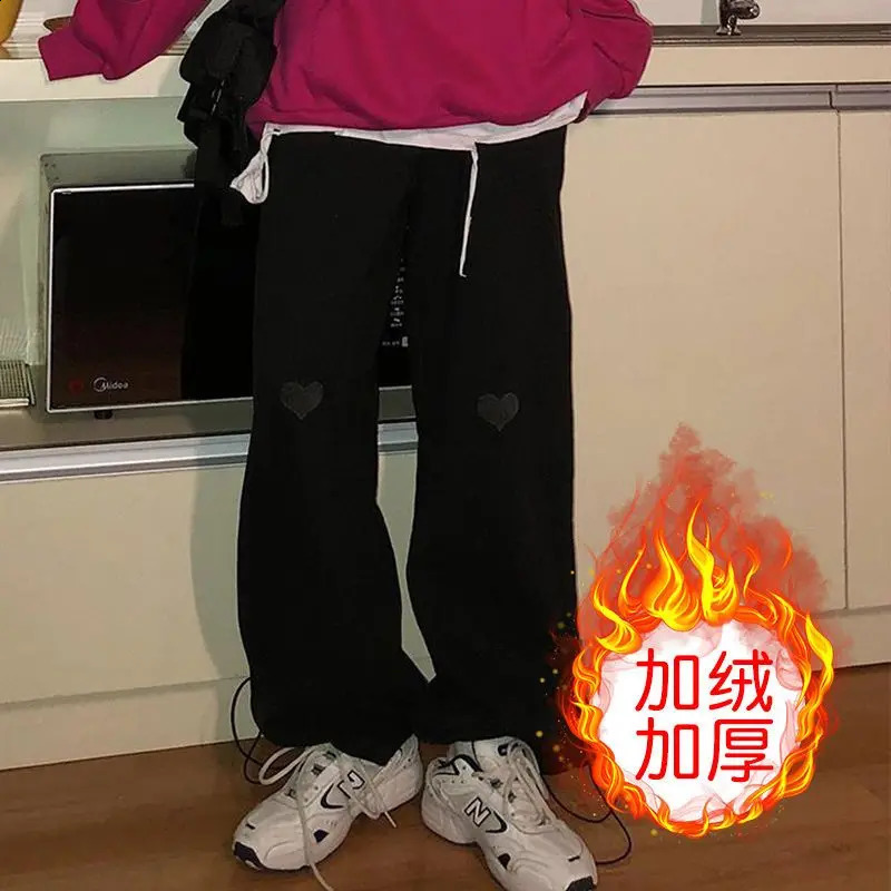 Womens autumn and winter Korean style loose solid color high waist thin wide leg womens trend fully matched wool sports pants 240913