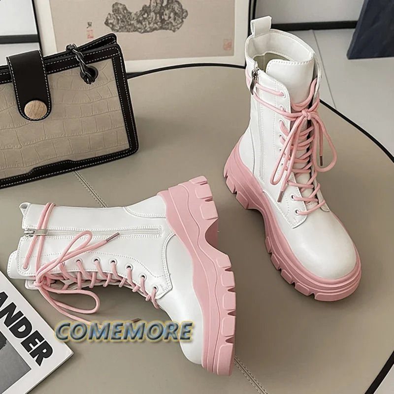 Pink Chunky Platform Ankle Women Autumn Thick Bottom Pu Leather Boots Shoes Womans Mix Color Lace Up Motorcycle Botas 240911