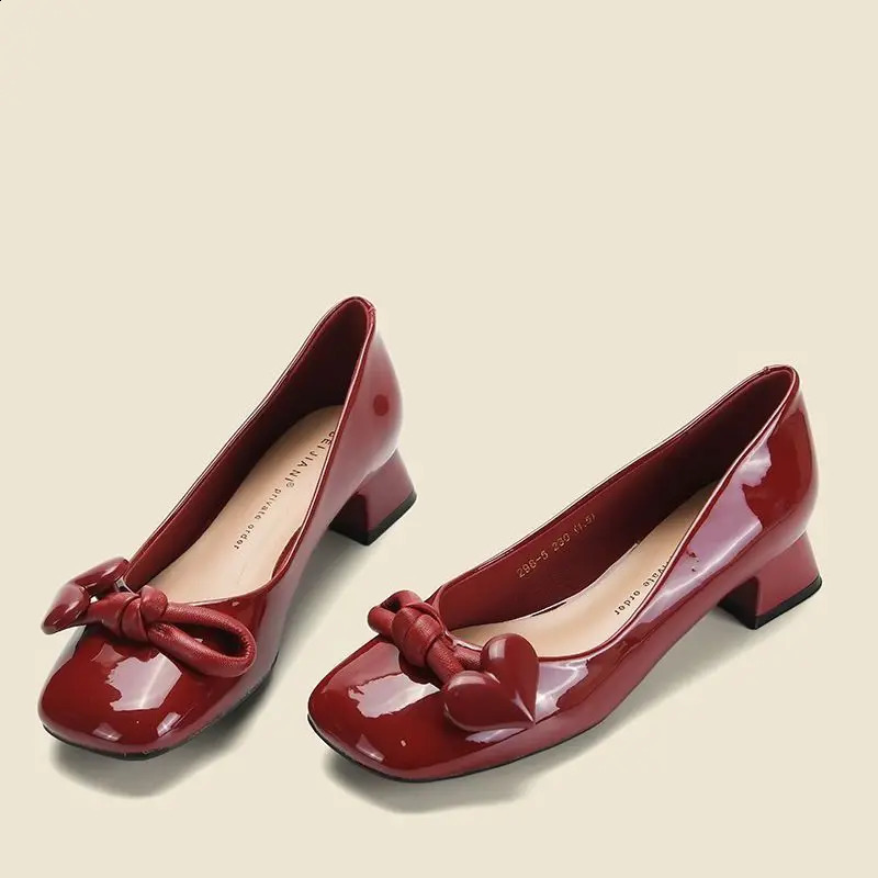 Red with Bow Kawaii Ladies Summer Footwear Square Heels Shoes for Women Medium Cute Korean Style High Quality Vacation Y2k 240904