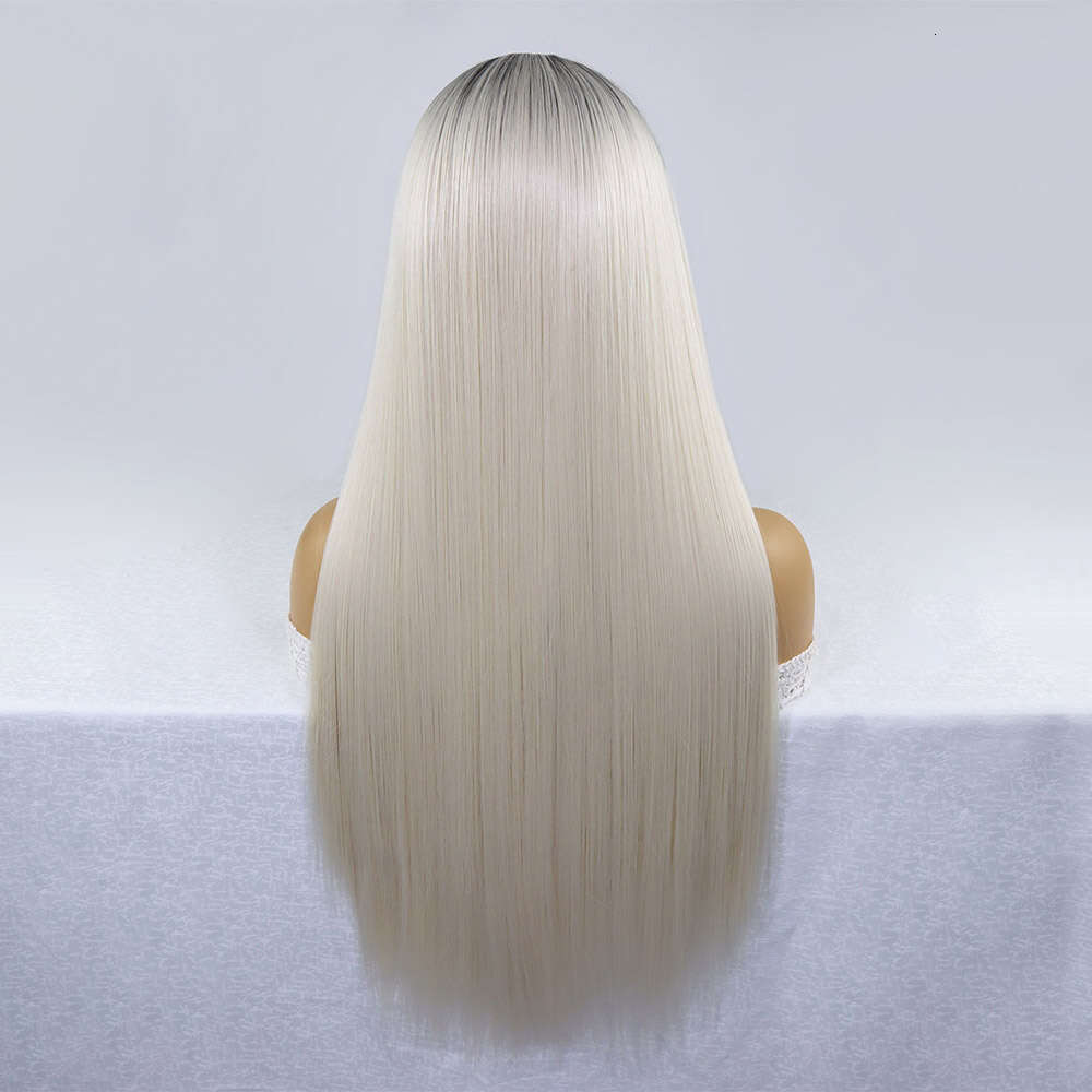 Ash Lace Front Wigs Silky Straight Dark Roots Colored Synthetic For Women Platinum Blonde #60 Ombre Glueless Wig